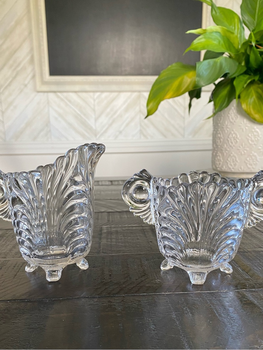 Vintage Cambridge Glass Caprice clear footed cream and sugar set.